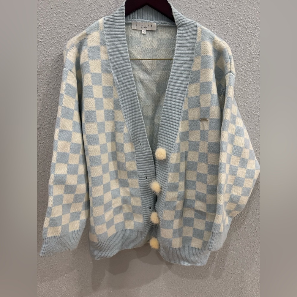 Cozy Blue White Checkered Cardigan With Button Closure